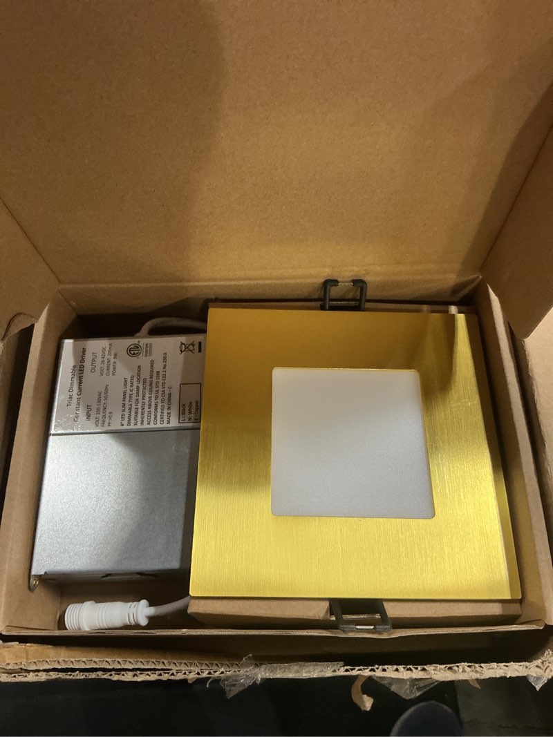 Condition photo showing Good Condition for popanu recessed lighting 4-inch square-led - canless recessed light fixture, dimmable ceilling light with junction box, 2700|3000|3500|4000|5000k, 9w, gold, 6p 4 inch?wide edge? gold