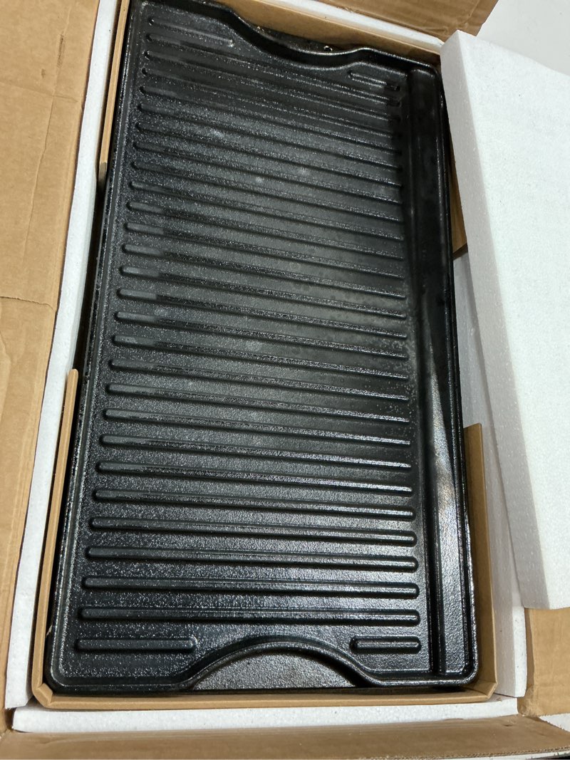 Condition photo showing Good Condition for utheer nonstick reversible cast iron griddle 19.5"x 10.5", ceramic cooking surface, flat & ribbed sides, with high sides & grease trap, stovetop griddle for gas grill, charcoal, oven & outdoor bbq 19.5" x 1.3" x 10.5"