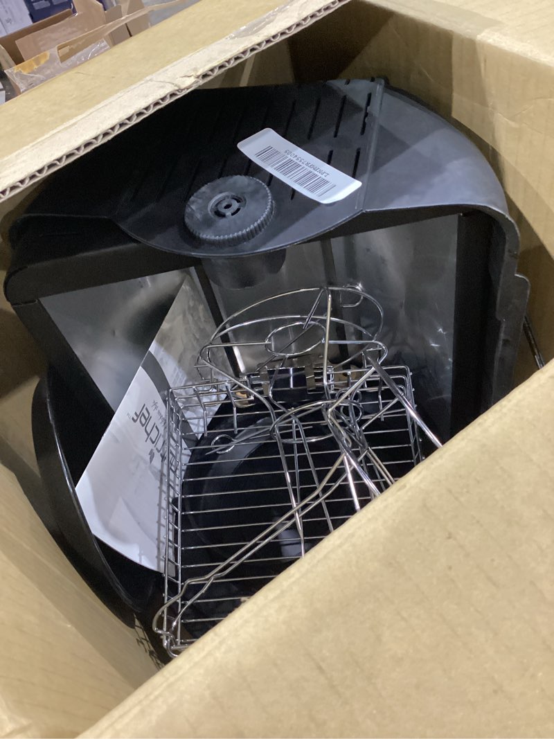 Condition photo showing As Is for nutrichef vertical countertop rotisserie oven roaster, rotating shawarma and kebab machine with skewer and rack, basket tower, roasting rack, poultry tower, drip tray, for meat chicken turkey lamb black