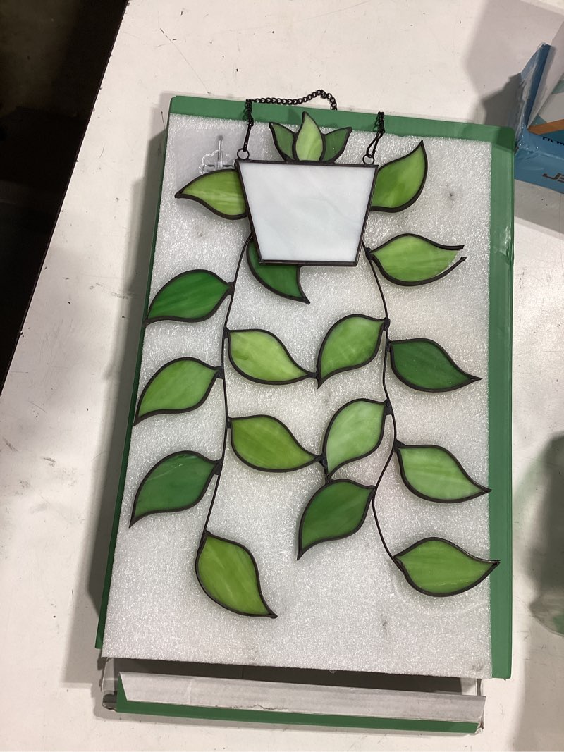 Condition photo showing As Is for stained glass leaf hanging with metal chain, green window decoration for home, gift for mom, father & nature lovers.