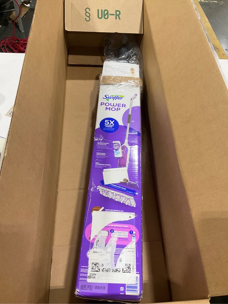 Condition photo showing As Is for Swiffer PowerMop Multi-Surface Mop Kit for Floor Cleaning, Includes PowerMop, 2 Mopping Pad Refills, 1 Cleaning Solution with Fresh Scent and 2 Batteries Purple and White