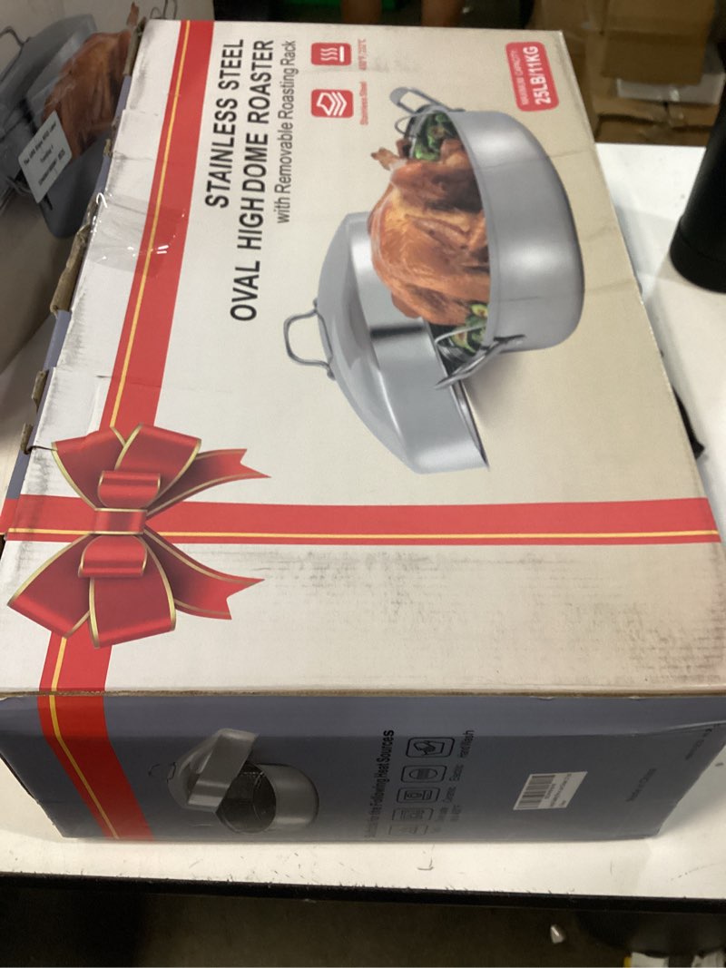 Condition photo showing New/Like New for large roasting pan with rack and lid, gifts for mom women wife, stainless steel large oval roaster, nonstick oven cookware for turkey chicken, 21 inch
