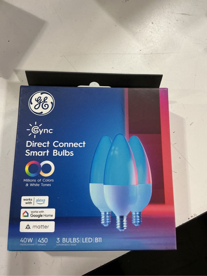 Condition photo showing New/Like New for GE Cync Smart LED Light Bulbs, Color Changing Decorative Light Bulbs, Indoor WiFi Lights, Matter Compatible, Compatible with Alexa and Google Home, Candelabra Base (3 Pack)