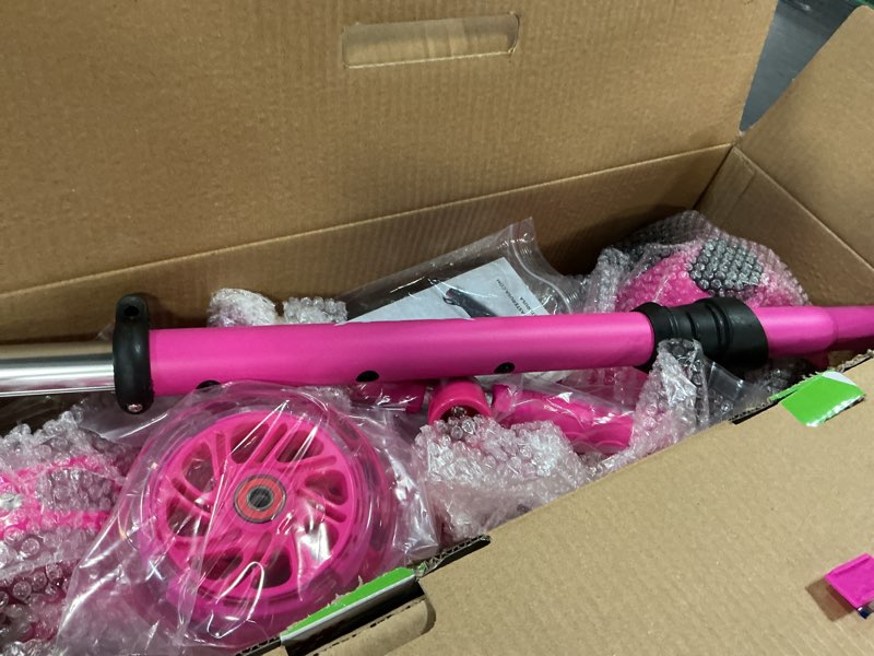 Condition photo showing Good Condition for lifemaster mini 3-wheel kids scooter with multi-color wheel lights – 4-height adjustable handlebar, wide anti-slip deck, child safety certified, boys & girls ages 2+ supports up to 110 lbs pink children and toddler