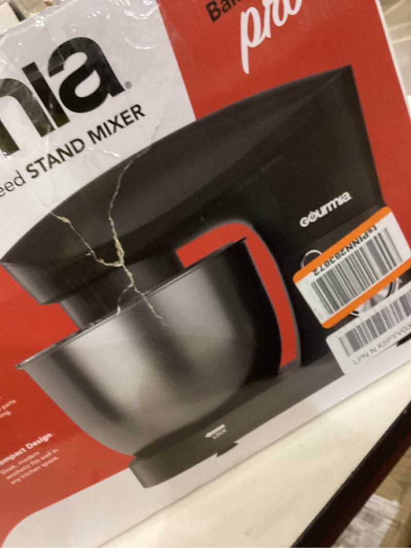 Condition photo showing item condition for Gourmia 5 Quart 10-Speed Electric Stand Mixer with Bowl + Shield, Dough Hook, Whisk and Beater - Household Kitchen Standing Dough Maker Machine