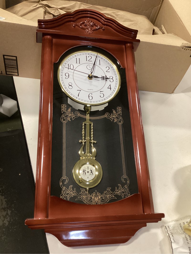 Condition photo showing As Is for Clockswise Large Vintage Grandfather Wood- Looking Plastic Pendulum Wall Clock for Living Room, Kitc