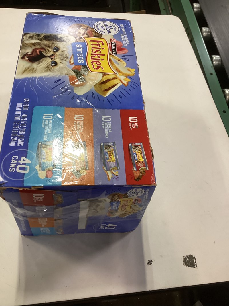 Condition photo showing New/Like New for Purina Friskies Wet Cat Food Variety Pack, Shreds With Beef, Turkey and Cheese Dinner, Chicken and Salmon Dinner, and With Ocean Whitefish and Tuna - (Pack of 40) 5.5 oz. Cans 5.5 Ounce (Pack of 40)(Best By October/2027)