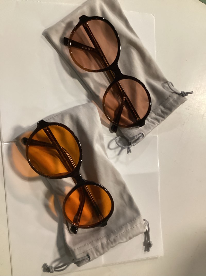 Condition photo showing New/Like New for fl-41 pink & fl-60 brown tinted migraine light sensitivity glasses for photophobia eyestrain/blue light blocking & fluorescent light glare women