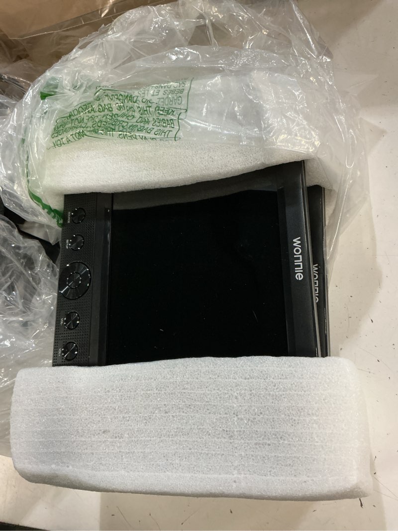 Condition photo showing As Is for wonnie 10.5" two car dvd players portable dual screen headrest video player, play a same or two different movies with 5-hour rechargeable battery,2 ac adapters,2 mounting brackets,support usb/sd card us1011b