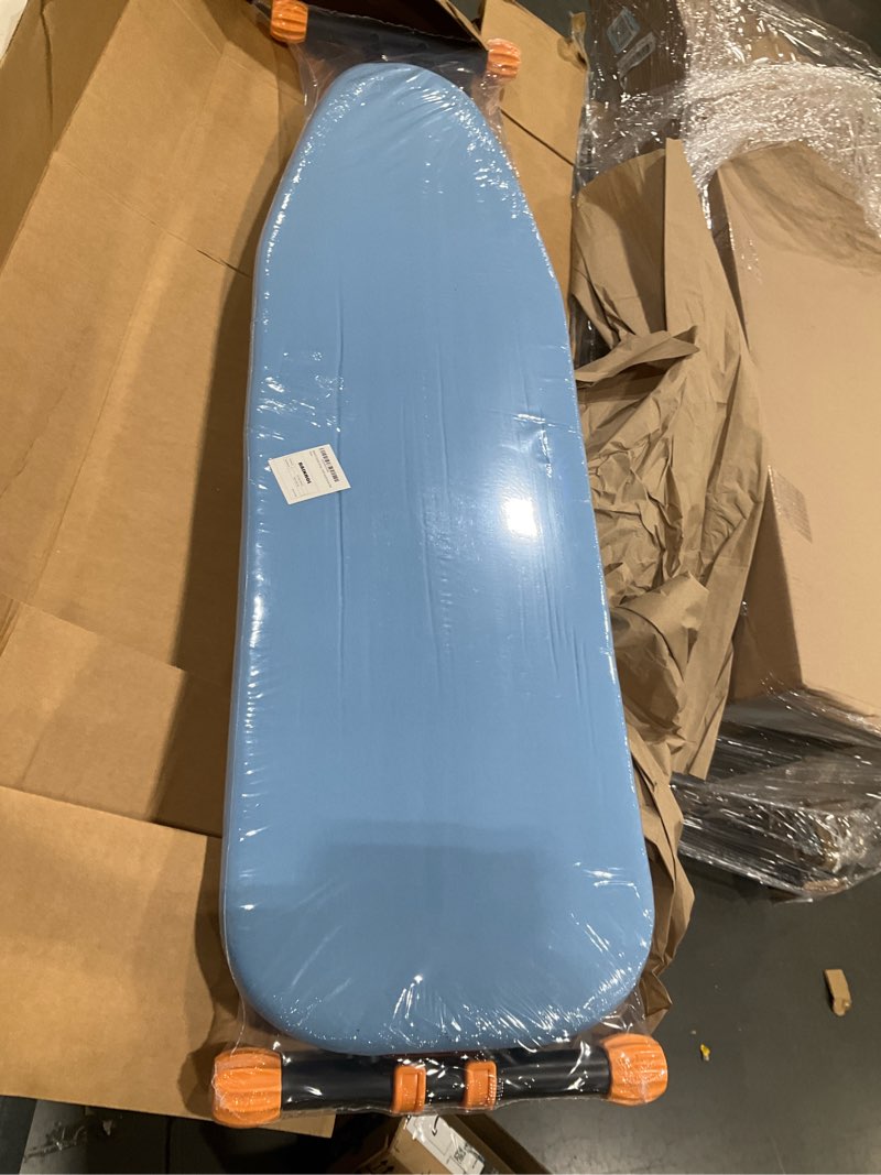 Condition photo showing Good Condition for rainhol compact ironing board full size 43x13 with extra thick padded cover, height adjustable iron board with hanger, easy to fold space saver design for dorm apartment small laundry rooms, blue blue 43"l x 13"w