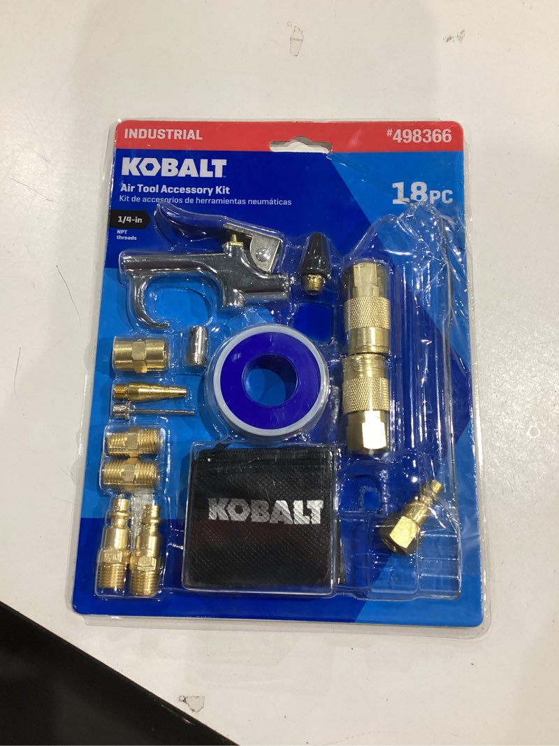 Condition photo showing As Is for not exact similar to craftsman 18-piece air compressor accessory kit, includes blow gun, tire inflator, brass fittings, and storage bag