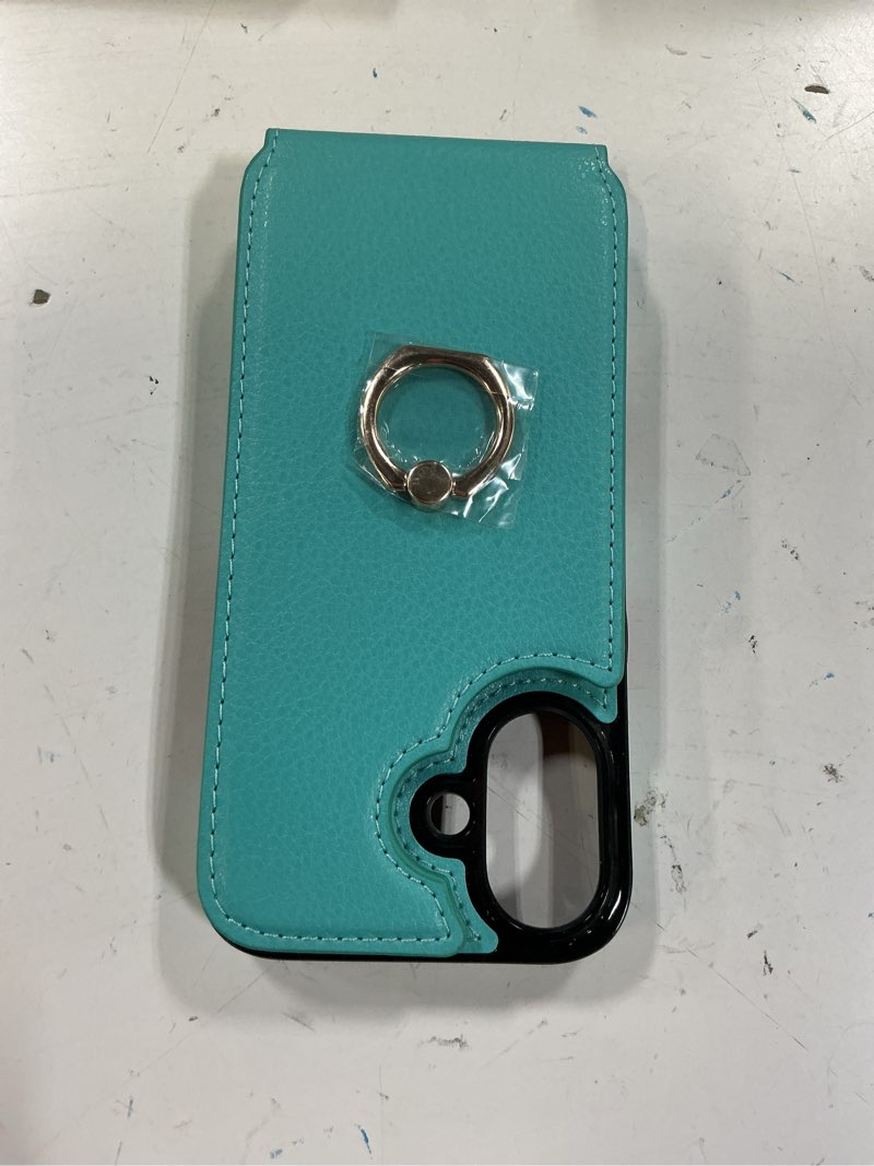 Condition photo showing Good Condition for folosu compatible with iphone 16 case wallet with card holder, 360°rotation finger ring holder kickstand, rfid blocking leather protective double buttons shockproof cover 6.1 inch mint green