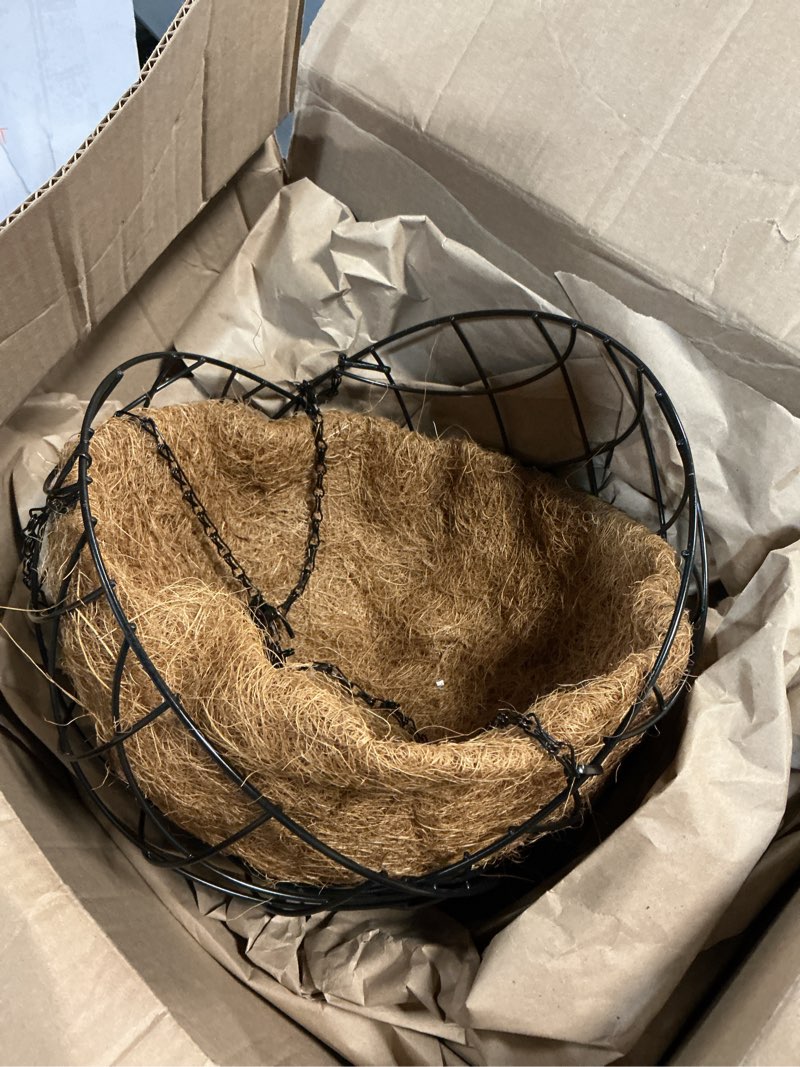 Condition photo showing As Is for mtb garden hanging baskets 12 inches - vintage geo with coco-liner, pack of 2 hanging planter