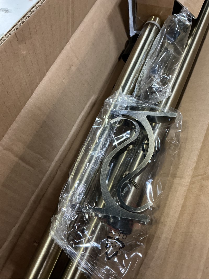 Condition photo showing As Is for antique bronze bay window curtain rods with aluminum end cap finials and brackets,adjustable 36-72 inch center rod for windows (24-68’’), 20-36 inch side rods for windows (16-32’’) 20-36"&36-72"&20-36"(3 sided) antique bronze