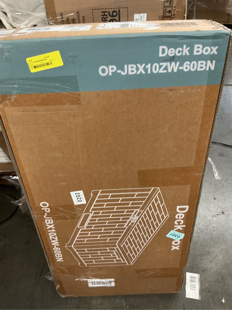 Condition photo showing New/Like New for gianna 60 gallon deck box, lockable resin outdoor storage box with hundles, uv resistant waterproof storage bin for patio cushions gardening tools, brown
