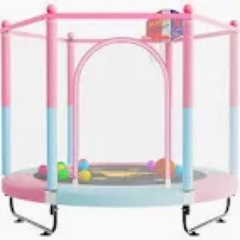 60" Trampoline for Kids, 5 FT Toddler Baby Trampoline with Safety Enclosure Net, Indoor or Outdoor Pink/Blue Small Trampolines with Basketball Hoop, Birthday Gifts for Kids, Gifts for Girl Age 3-8