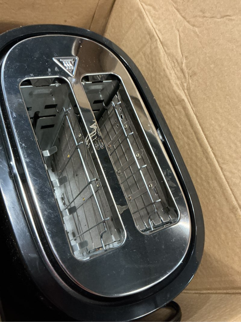 Condition photo showing As Is for hamilton beach 2 slice extra wide slot toaster with bagel & defrost settings, shade selector with 7 browning levels, toast boost, auto shutoff, black & stainless steel (22633)