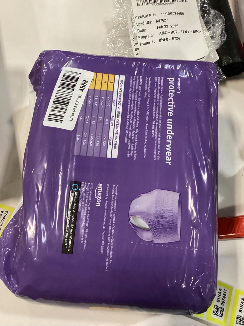 Condition photo showing New/Like New for Amazon Basics Incontinence Underwear for Women, Protective, Disposable, Postpartum, Maximum Absorbency, Large, Lavender, 18 Count Large 18