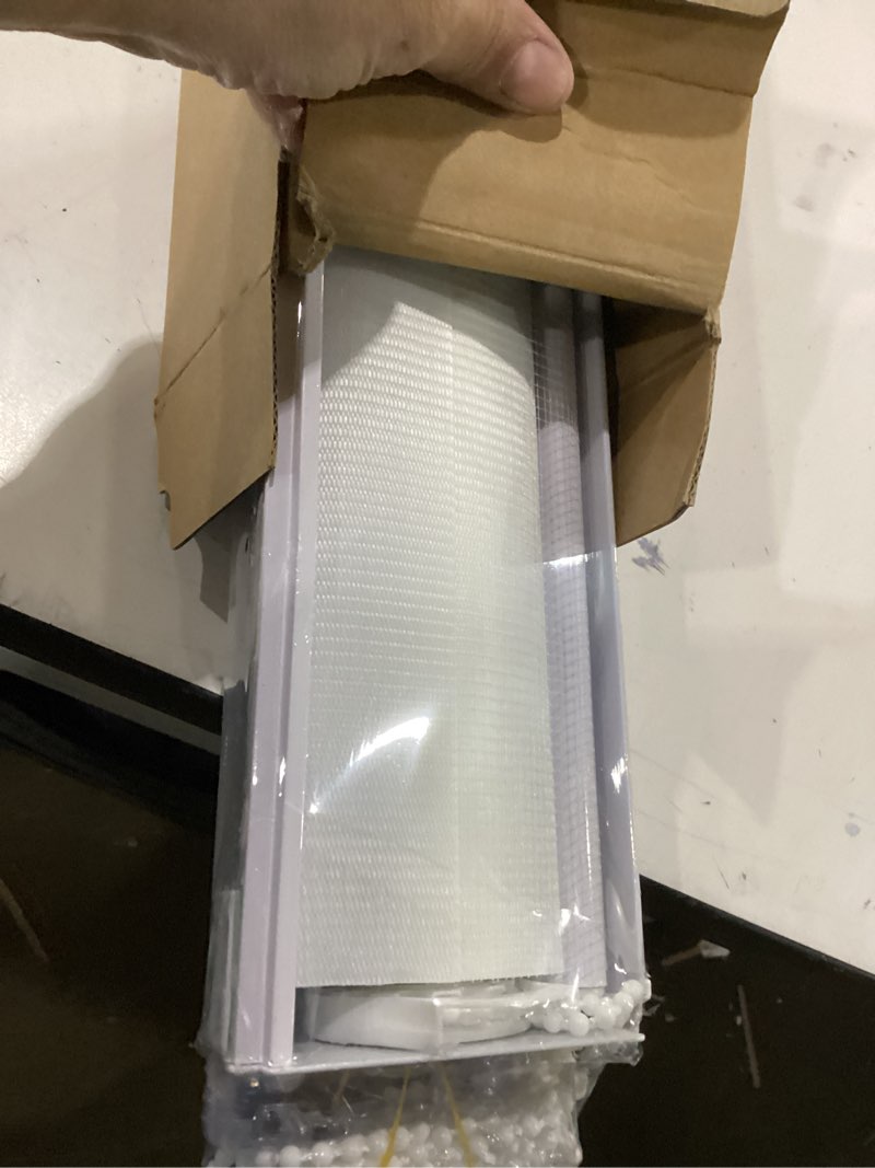 Condition photo showing As Is for zebra roller shades, dual layer roll up blind for living room, semi sheer shades window privacy light control for day and night, (maximum height 72inch, white color, width 35 inch) 35"w x 72"h white
