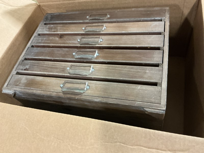 Condition photo showing As Is for Vintage Wooden Storage Box Desktop Organizer Cabinet with 6 Drawers Rustic Farmhouse Distressed Deco