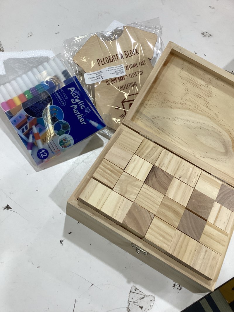 Condition photo showing Good Condition for nolia baby shower blocks decorating game – 48 wooden cubes to decorate, storage box, 12 acrylic markers & instruction sign (natural) 1 natural block set