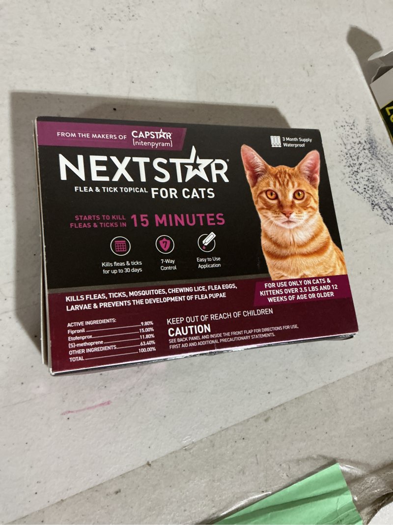 Condition photo showing New/Like New for nextstar flea and tick prevention for cats, repellent and control, fast acting waterproof topical drops, flea prevention for cats over 3.5 lbs, 3 monthly doses 3 dose