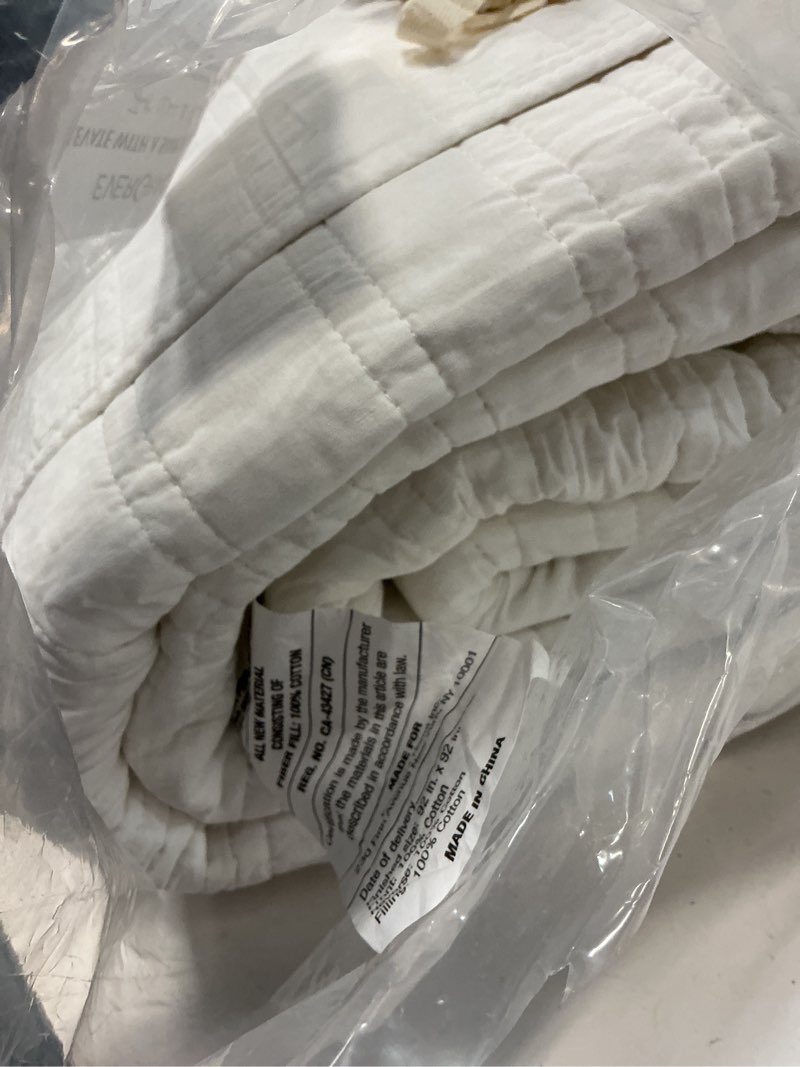 Condition photo showing As Is for wdcozy 100% cotton queen size quilt set - white striped pick stitch soft lightweight bedspread, textured like linen, farmhouse country rustic coverlet, shabby chic gauze bedding, 3 pieces white full/queen (90"x96")