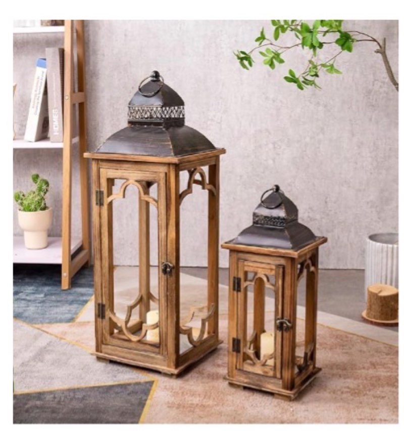 large farmhouse decorative wooden lanterns set of 2, rustic burnt wood floor lanterns, indoor/outdoor hurricane lanterns for home decor (no glass)