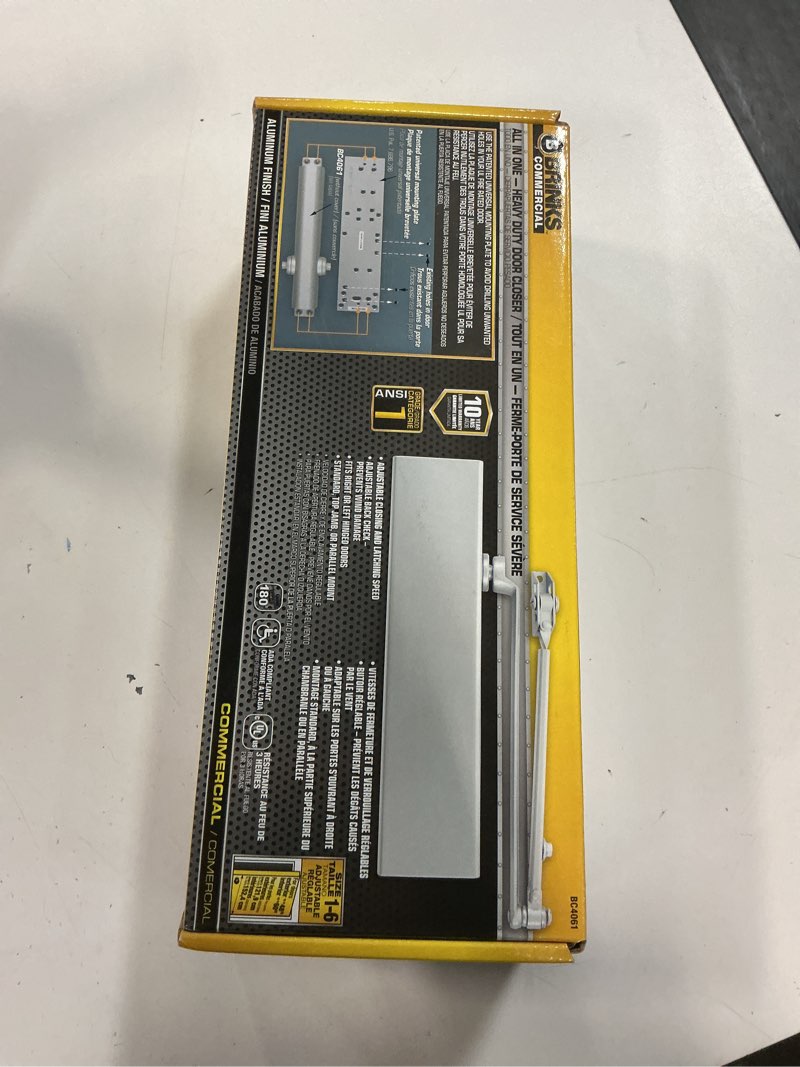 Condition photo showing New/Like New for brinks commercial - heavy duty all-in-one commercial door closer, aluminum finish - adjustable from size 1 to size 5 with a 180-degree opening range