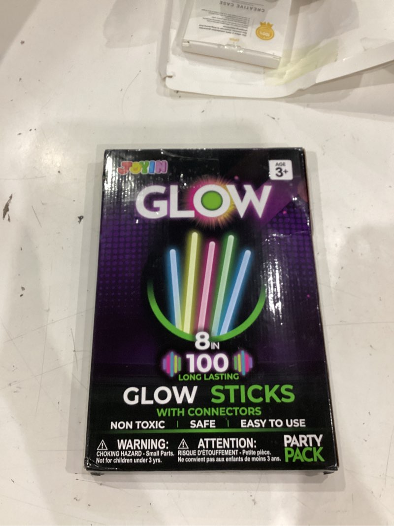 Condition photo showing New/Like New for joyin 100 pcs 8" glow sticks bulk party favors pack, neon glow in the dark party supplies, light up necklaces and bracelets with connectors, easter, football, birthday decorations