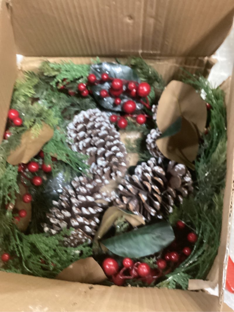 Condition photo showing As Is for Christmas Wreath 20 Inch Outdoor Artificial Christmas Wreath with Red Berries and Flocked Pine Cones Xmas Wreath for Front Door Winter Holiday Christmas Party Decorations 20" Style#5