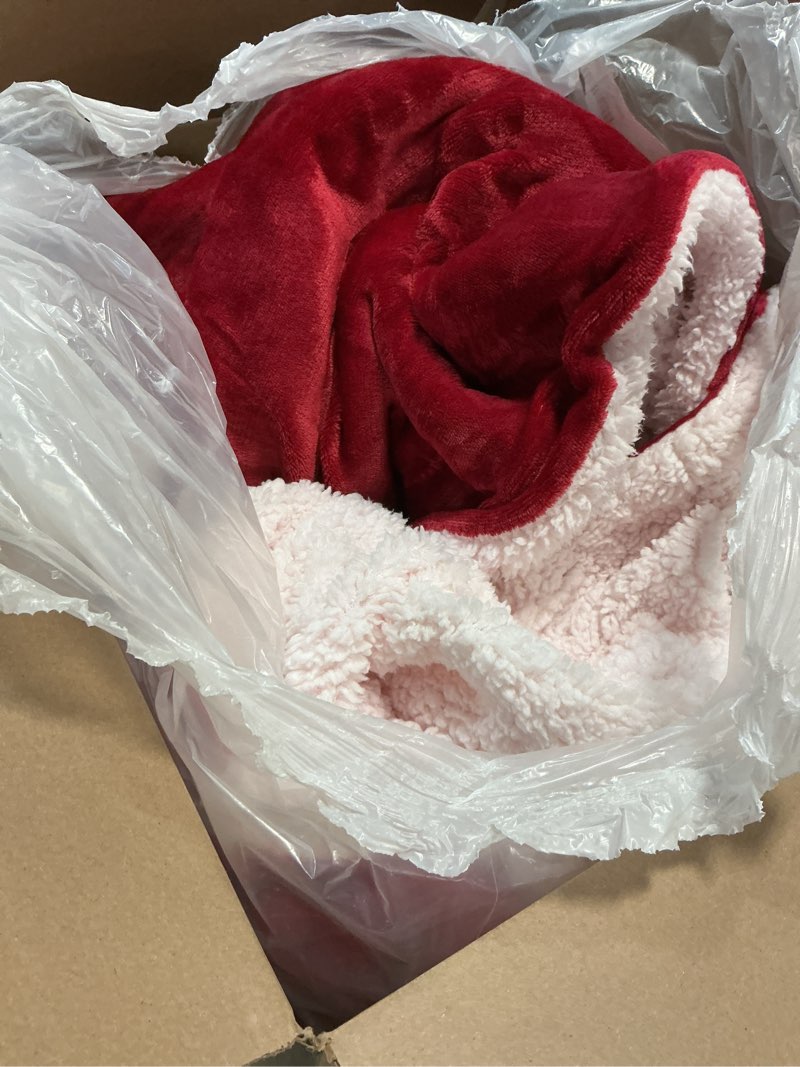 Condition photo showing Good Condition for Bedsure GentleSoft Sherpa Fleece Blankets Queen Size for Bed - Thick and Warm Throw for Girls and Women, Soft Fuzzy Plush Queen Christmas Blanket for Winter, Red, 90x90 Inches Queen (90" x 90") 07 - Red