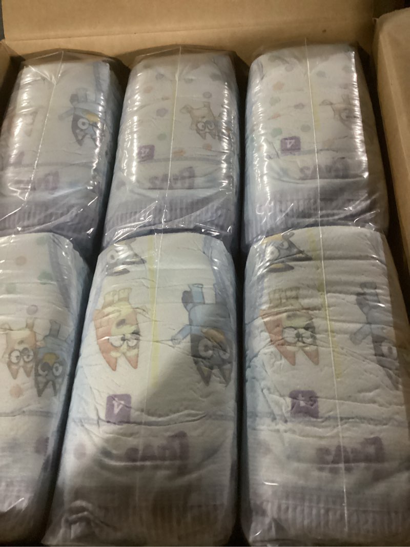 Condition photo showing New/Like New for luvs size 4 baby diapers, platinum protection bluey diapers for day & night, size 4, 198 count (packaging may vary) size 4 198