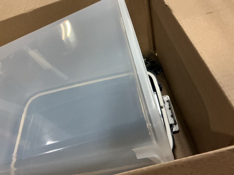 Condition photo showing New/Like New for iris usa airtight dog food storage container, up to 30 lbs, attachable wheels, for dog cat bird and other pet food storage bin, keep fresh, easy mobility, bpa free, navy