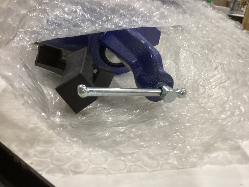 Condition photo showing As Is for nuovoware table vise 3 inch, 360° swivel base universal home vise portable bench clamp, clamp-on vise bench clamps fixed tool for woodworking, metalworking, cutting conduit, drilling, sawing, blue 70 mm blue