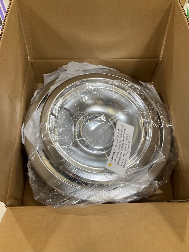 Condition photo showing Good Condition for w10196405 w10196406 chrome drip pans kit by blutoget -compatible for whirlpool electric range burner-replaces 0089285, 0091813, 0304979, 0310228 - includes an 8-inch and 3 6-inch drip bowl pans.