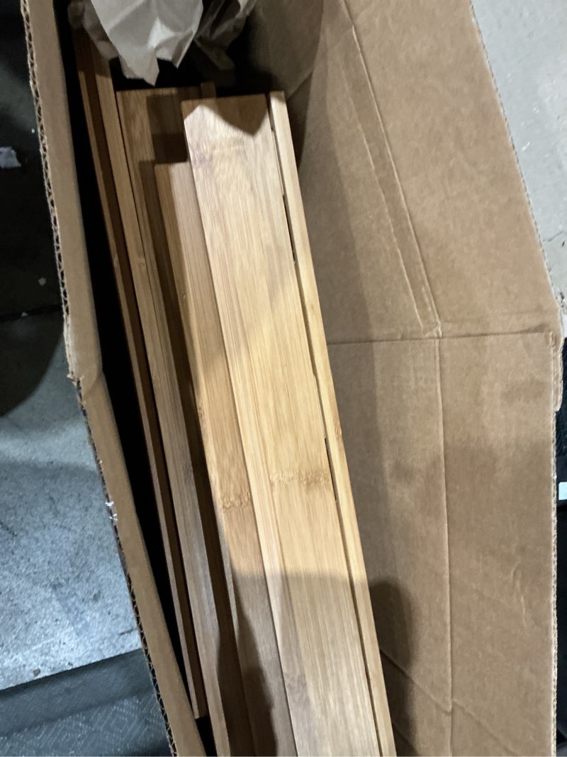Condition photo showing As Is for solid carbonized bamboo wire shelf covers for wire shelving, wire rack covers for pantry shelves, tool-free & snap-on (5pcs, 24" w x 12" d) carbonized amber 24"w x12"d x2.6"h