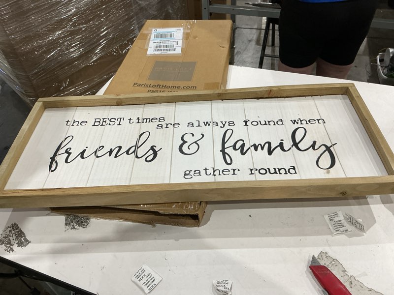 Condition photo showing Good Condition for the best times friends & family rustic wood sign, farmhouse wall decor with white slat background and natural wood frame, 30x12 inch inspirational quote plaque