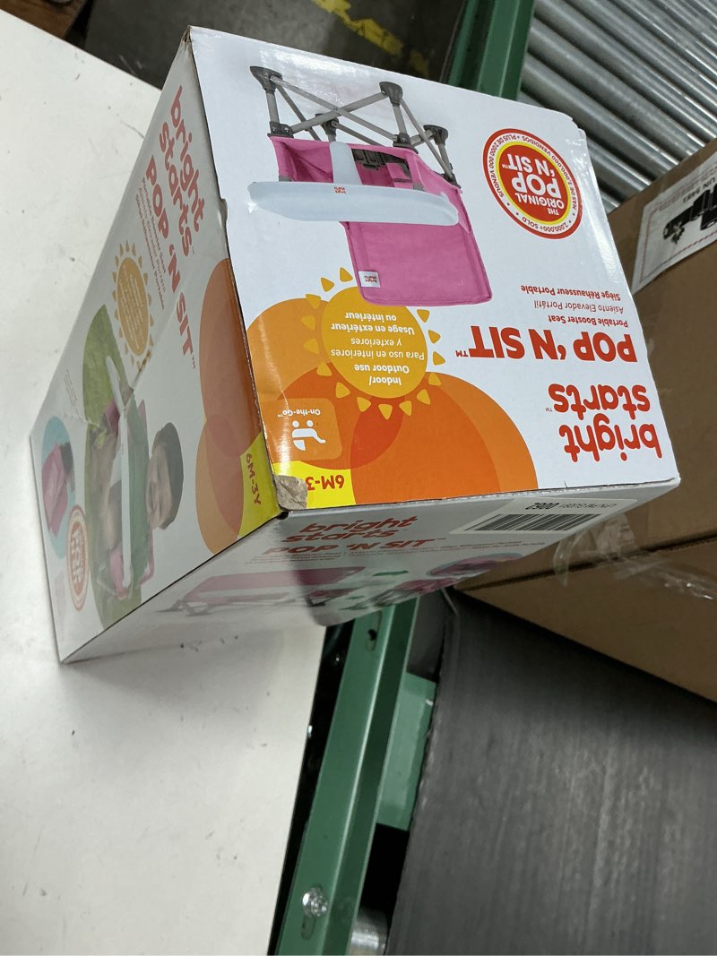 Condition photo showing New/Like New for bright starts pop 'n sit portable booster, indoor/outdoor use, floor seat with feeding tray, pink, 6 mos - 3 yrs core pink