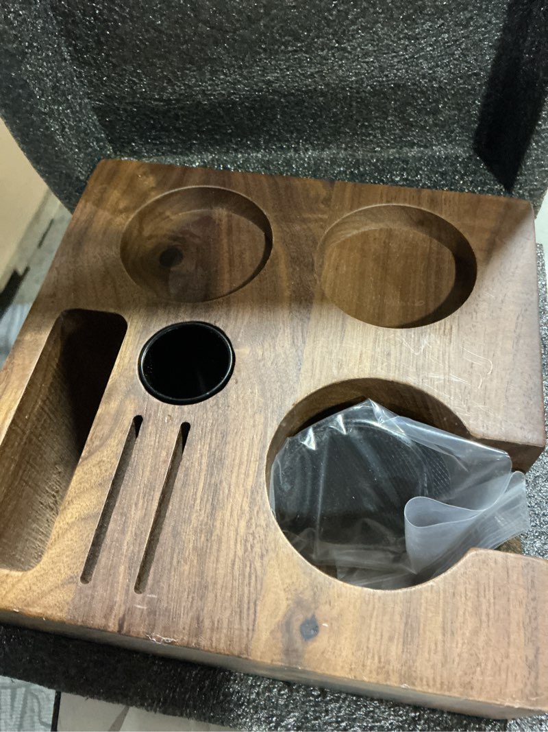 Condition photo showing Good Condition for espresso accessories organizer box 58mm tamping station rosewood espresso tools stand for tamper, portafilter, distributor, funnel, wdt and filter basket