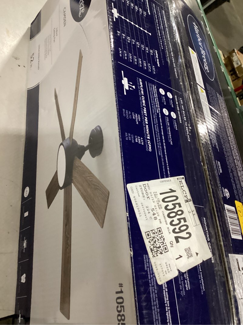 Condition photo showing As Is for Harbor Breeze Camden 52-in Matte Black with Mocha/Cocoa Blades LED Ceiling Fan With