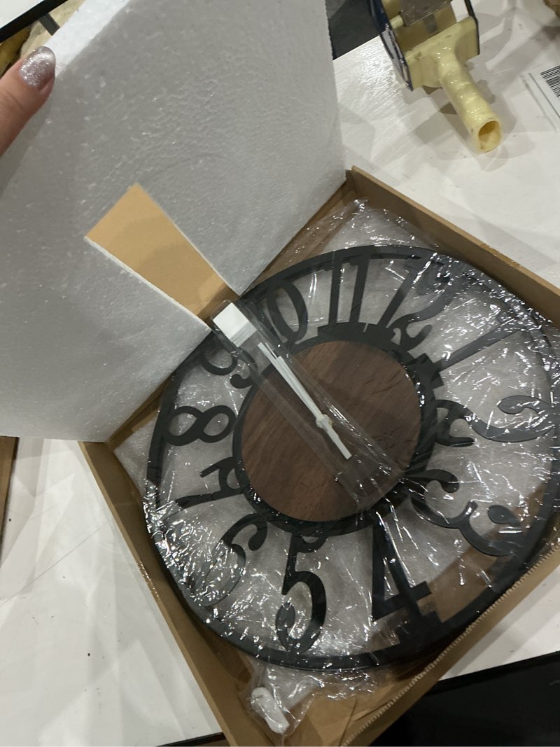 Condition photo showing Good Condition for maxstar round wall clock for living room decor battery operated non ticking black metal wood clocks for home living room garden office kitchen decoration -16 inch black-arabic numerals 16 inch