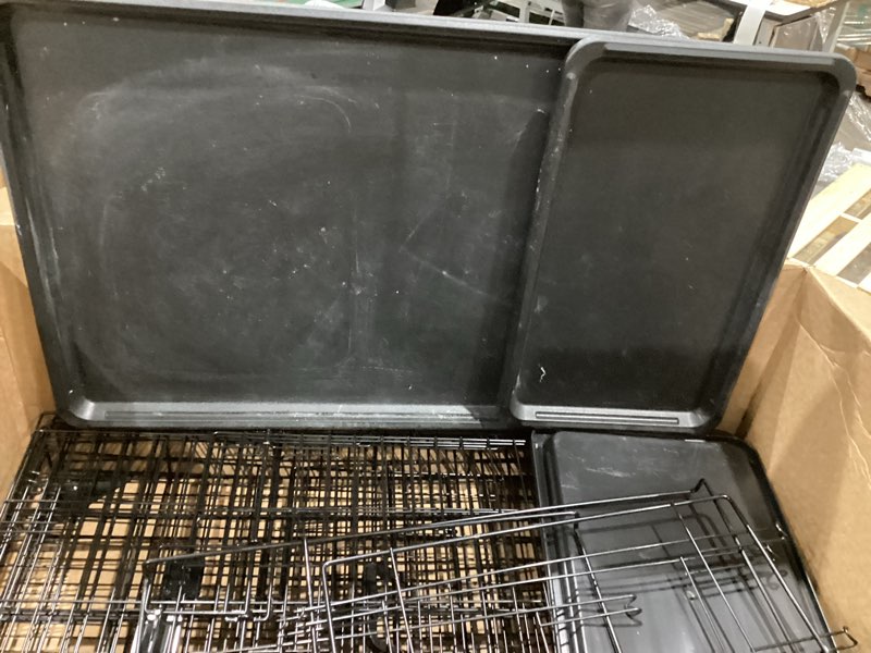 Condition photo showing As Is for amazon basics large 3-tier cat cage playpen with easy to clean removable tray, front doors, portable, foldable, 35.8" x 22.4" x 50.6", black