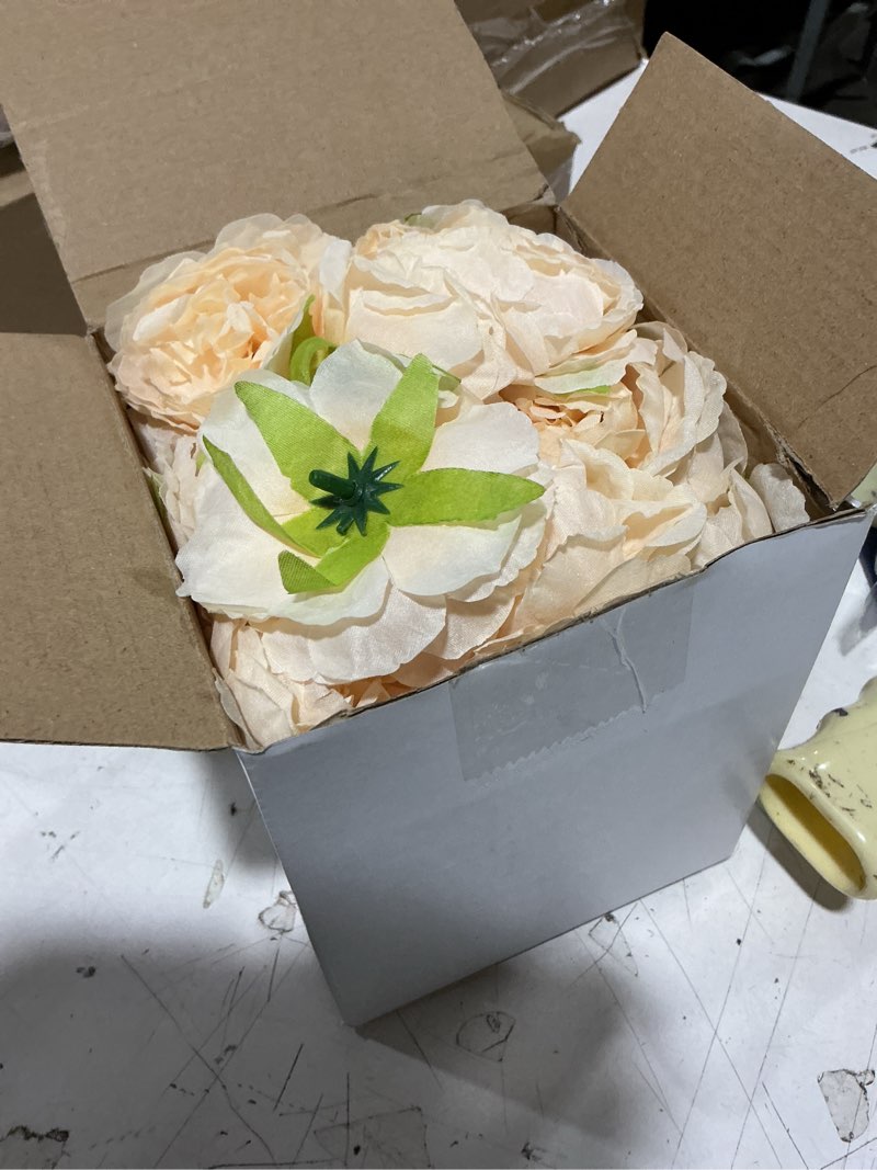 Condition photo showing New/Like New for thiccywoov 50 pcs artificial flowers, 3.2 inches silk rose head flowers fake no stem for wedding bridal bouquet home floral decor diy centerpieces arrangements party tables decoration(champagne)