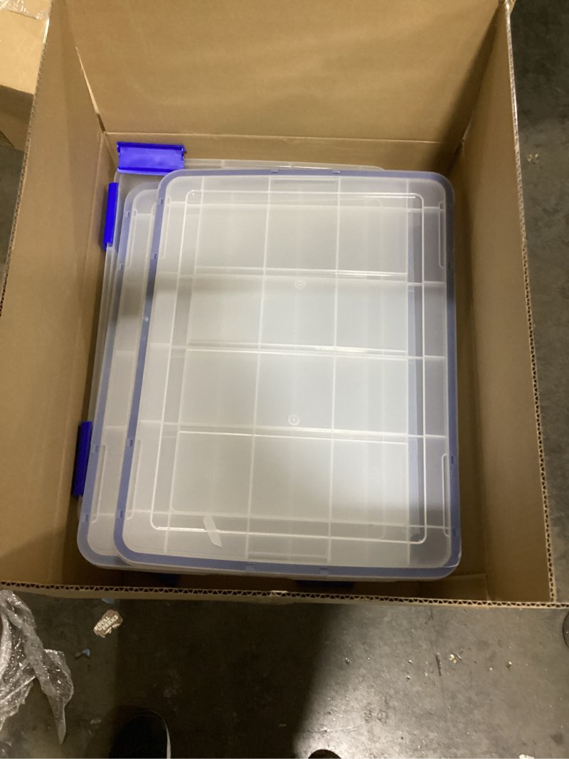 Condition photo showing New/Like New for IRIS USA 60 Quart WEATHERPRO Plastic Storage Box with Durable Lid and Seal and Secure Latching Buckles, 3 Pack, Weathertight, Keep Pest Dust and Moisture Out, for Oversized Bulky Items, Clear/Blue 60 Qt. - 3 Pack