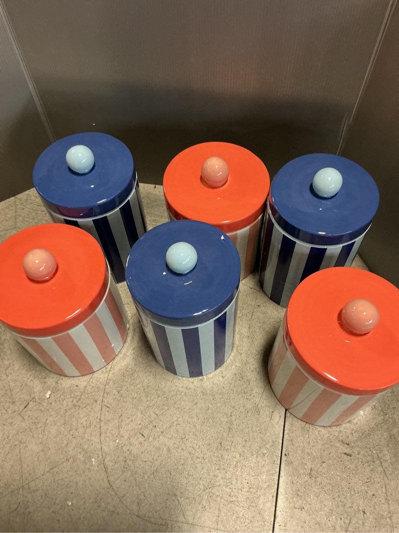 Set of 6 jars with lids red and blue striped