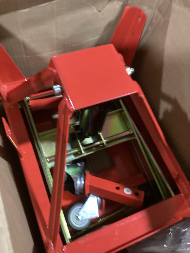 Condition photo showing As Is for jack boss 350 lbs motorcycle lift jack table, hydraulic foot-operated scissor lift jack for atv dirt bike, motorcycle stand with 4 wheels red