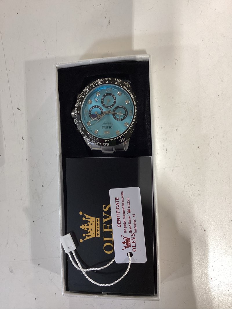 Condition photo showing Good Condition for olevs men's watches chronograph multifunction sport silicone luxury diamond moon phase quartz male watch waterproof wrist watch blue