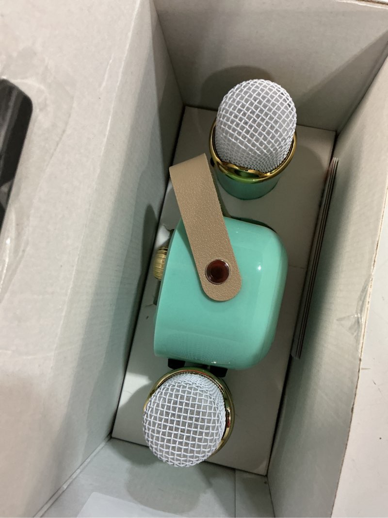 Condition photo showing As Is for aiwa retro bluetooth karaoke speaker with 2 wireless microphones, 8 hours playtime & 6 voice effects
