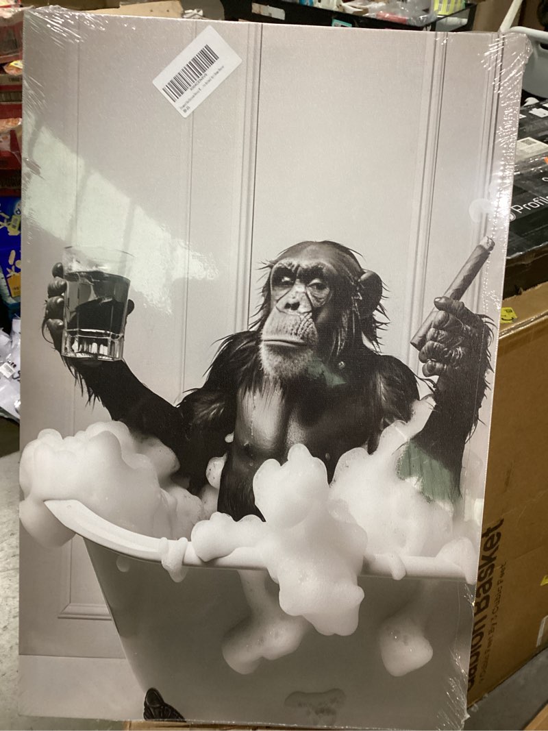 Condition photo showing New/Like New for OIQArtOIQ Funny Bathroom Framed Wall Art Vintage Canvas Wall Art Prints Chimpanzee in Bathtub Pictures Wall Decor Modern Minimalist Humorous Artwork For Restroom Chimpanzee Wrapped Canvas 16"x24" Canvas